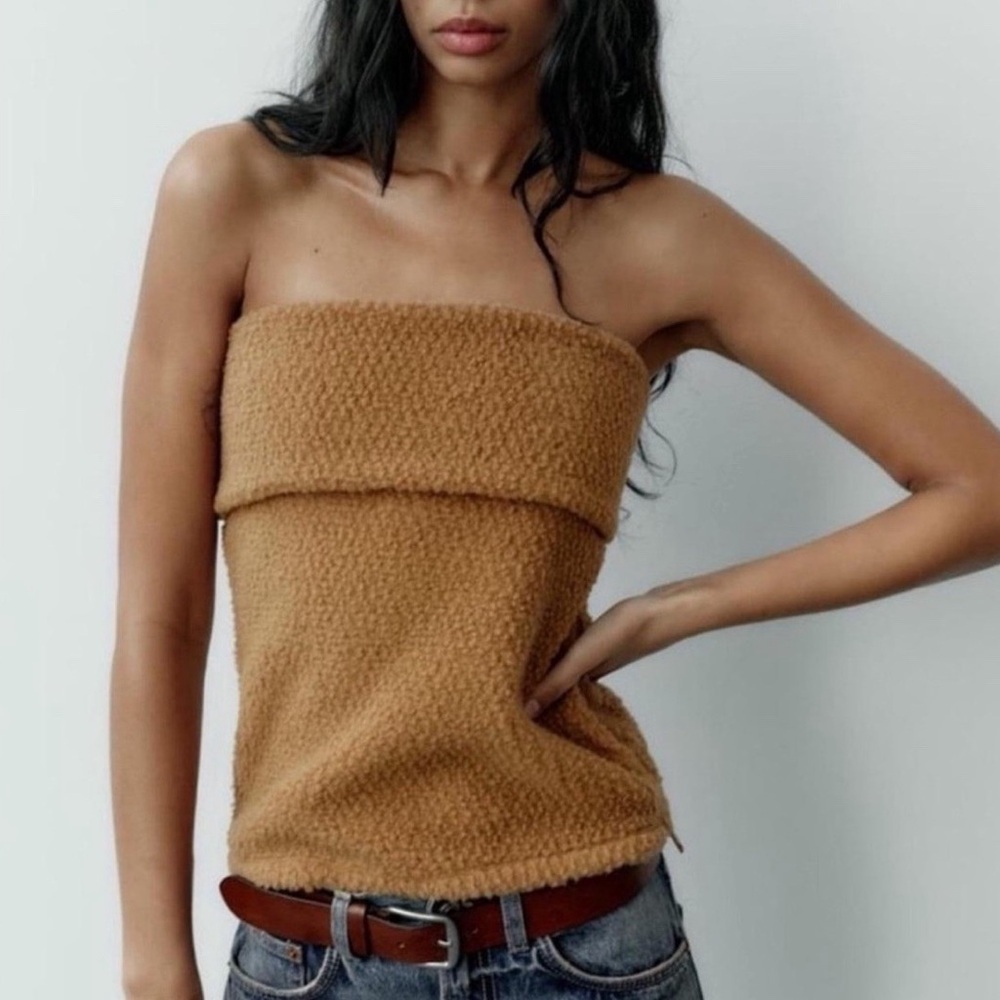 ZARA Sherpa Strapless Tube Top Camel Brown Size S